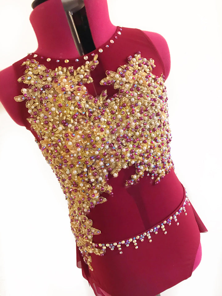 CHILD LARGE burgundy/gold lyrical/contemporary ready-to-ship dance costume