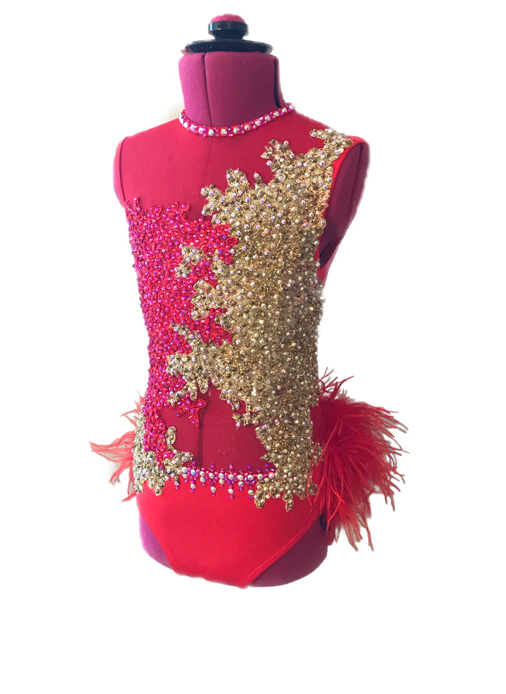 CHILD MEDIUM red with gold ready to ship competition dance costume musical theater or jazz