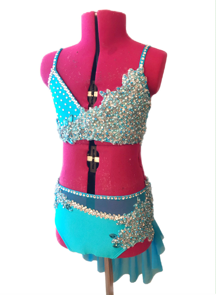 CHILD LARGE turquoise two piece competition dance costume lyrical or contemporary